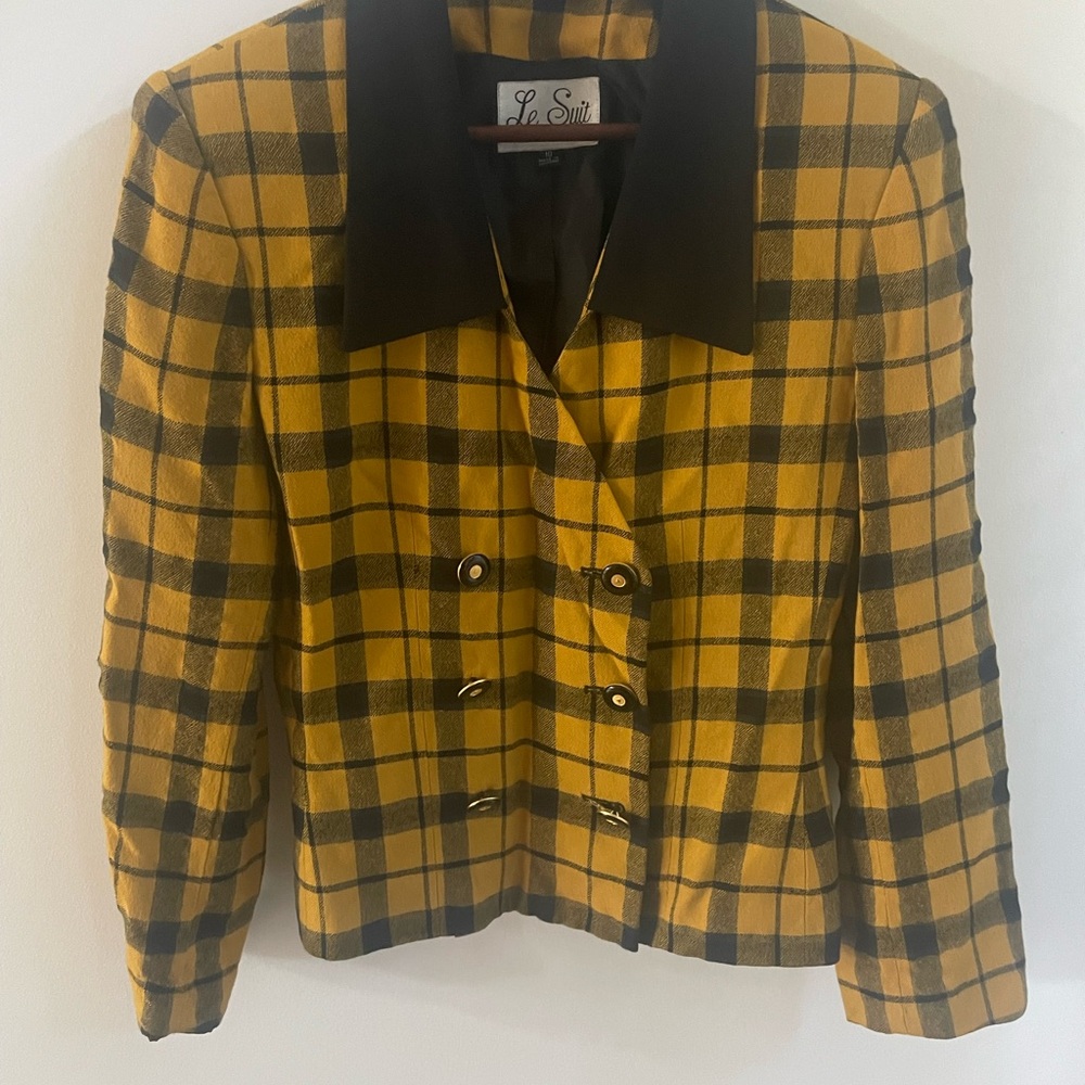 Le Suit Women's Vintage Yellow And Black Plaid Checker Jacket Size 10